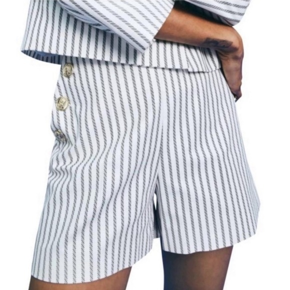 ZARA Nautical Striped High Waisted Gold Metallic Button Bermuda Shorts SZ M NWT - Picture 1 of 9
